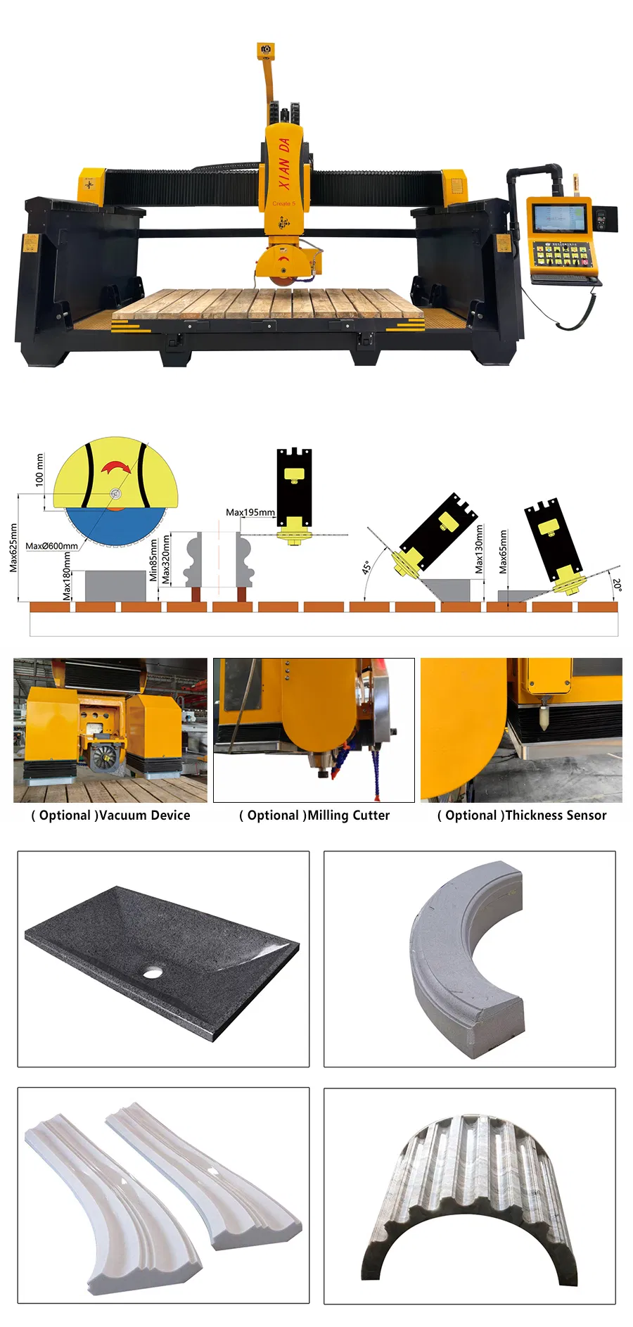 Mesin Pemotong Gergaji Jembatan CNC 5-Axis dengan Meja Kerja 3400x2000mm dan Rotasi Kepala 0&deg;-360&deg; untuk Granit dan Marmer 0